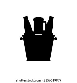 Beer bottles in a bucket with beer mug. Black silhouette on white background. Isolated vector template.