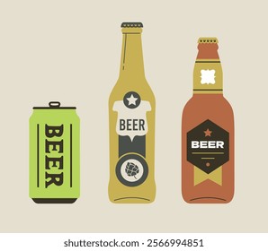 Beer bottles and beer can. Craft brewery or oktoberfest graphic. Beer festival or drinks concept. Vector flat illustration design isolated. 