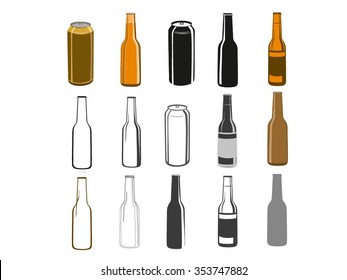 Beer Bottles And Can Of Beer Different  Color, Outline, Graphic, Beer Silhouette Vector Collection Isolated On White Background. Can Beer Vector Set. Vector Color Beer Bottle.
