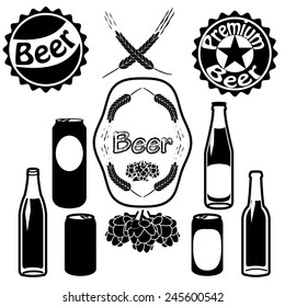 Beer bottles, cans and caps elements vector art.