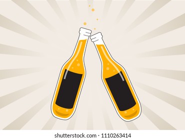 Beer bottles cheers! Isolated on stripe background. For web site, poster, placard,t shirt and wallpaper template. Useful for app,banner,flyer,leaflet and cover.Creative art concept,vector illustration