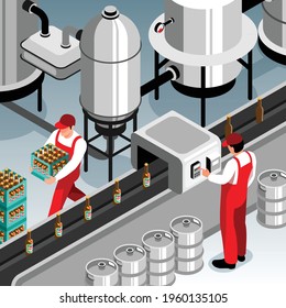 Beer bottles conveyor belt operator isometric composition brewery production facility interior vector illustration