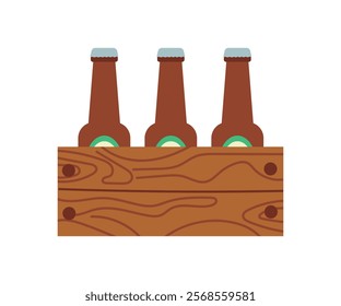 Beer bottles in a crate. Vector illustration of glass beer bottles in a wooden crate, eps 10. Beer container icon