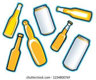 Beer bottles in different styles, cartoon and vector.
