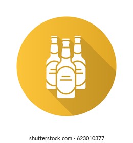 Beer bottles flat design long shadow icon. Vector silhouette symbol