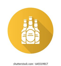 Beer bottles flat design, long shadow glyph icon. Vector silhouette illustration