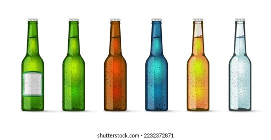 Botellas de cerveza vectorial de vidrio conjunto blanco vacío de la plantilla 3d o limonada refresco bebida de agua refrescante verde frío amarillo azul transparente aislado en la ilustración blanca imagen realista