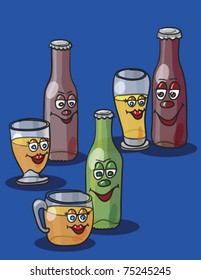 beer bottles and glasses, abstract vector art illustration