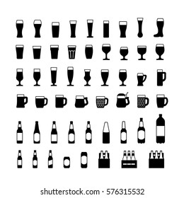 Beer bottles and glasses black icons set. Vector