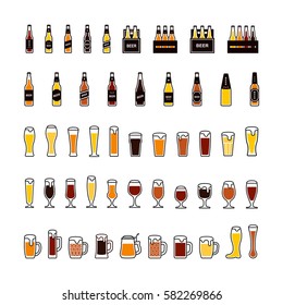 Beer bottles and glasses color icons set. Vector