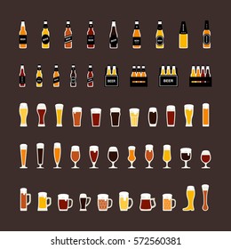 Beer bottles and glasses colored icons set in flat style. Vector