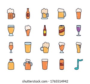 botellas de cerveza y gafas de cerveza sobre fondo blanco, estilo de relleno de línea, ilustración vectorial