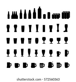 Beer bottles and glasses icons set, black silhouette. Vector