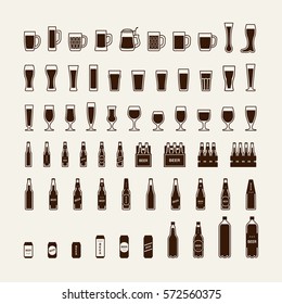 Beer bottles and glasses icons set. Vector