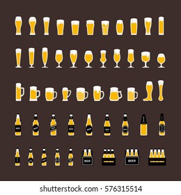 Beer Bottles And Glasses Icons Set In Flat Style. Vector