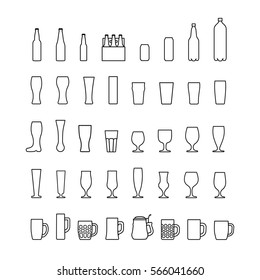 Beer bottles and glasses line icons set. Vector