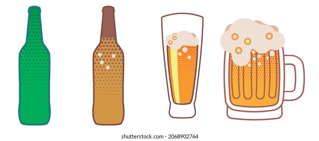 beer bottles and glasses. long neck bottle, mug and glass of alcoholic beverage. flat illustration for mockup or graphic resource for advertising. eps 10