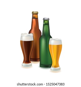 Beer bottles and beer glasses on a white background. Vector illustration.
