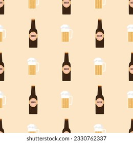 Beer bottles and glasses seamless pattern outline for design, website. Alcohol elements bottle and mug, banner template. Printable texture decoration, wallpaper. flat vector illustration