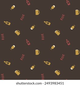 Beer bottles and glasses seamless vector pattern background. Hand-drawn alcoholic drinks bottles , frothy beer mugs backdrop. Retro brown, amber, red repeat for bar, brewery business, packaging