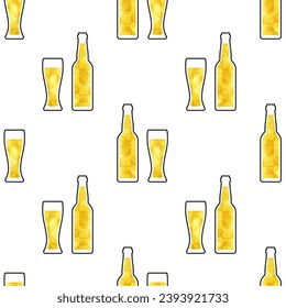 Beer bottles and glasses. Vector seamless pattern. Stylized elements on white background. Best for textile, bar decoration, wallpapers, wrapping paper, package and your design.