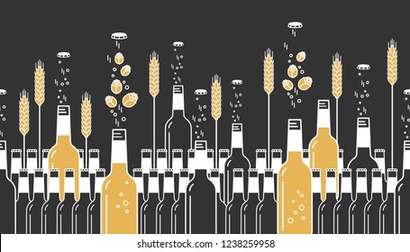 Beer bottles, hops and wheat. Craft beer with brewing ingredients. Illustration for brewery, pub, bar, restaurant. Horizontal seamless pattern on dark background. Modern line style.