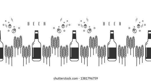 Beer bottles, hops and wheat. Craft beer with brewing ingredients. Illustration for brewery, pub, bar, restaurant. Horizontal seamless pattern on white background. Modern line style.