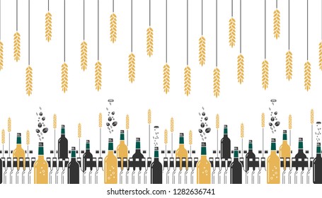 Beer bottles, hops and wheat ears. Craft beer with brewing ingredients. Illustration for brewery, pub, bar, restaurant. Horizontal seamless pattern on white background. Modern line style.