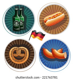 Beer bottles, hot dog, sausages and pretzel on round striped backgrounds. Labels with Oktoberfest Symbols