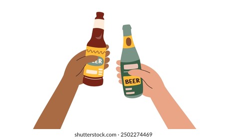 Beer bottles in human hands of different skin tones isolated on white background. Oktoberfest concept. Beer festival concept. Friendship concept.