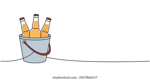 Beer bottles in a ice bucket one line colored continuous drawing. Beer pub products continuous one line illustration. Vector linear illustration.