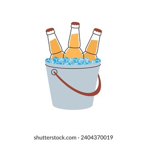 Botellas de cerveza en un balde de hielo. Producto de pub de cerveza. Proceso de elaboración, elemento de producción de fábrica de cervecería. Ilustración vectorial.