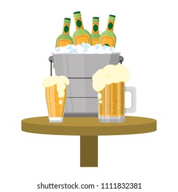 beer bottles inside bucket and liquor glass