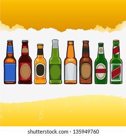 beer bottles isolated on white. Beer foam with bubbles background