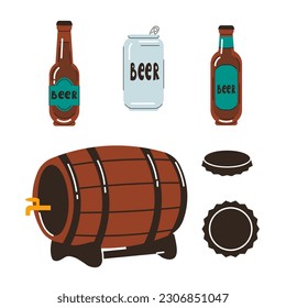 Beer bottles and keg set. Flat style beer collection with packing elements, barrel, bottleand caps. Isolated vector illustration for pub, bar, restaurant, brewery design