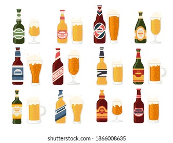 Beer bottles with label and glass beer mug bottles with different types of beer alcohol drink flat vector illustration isolated on white background