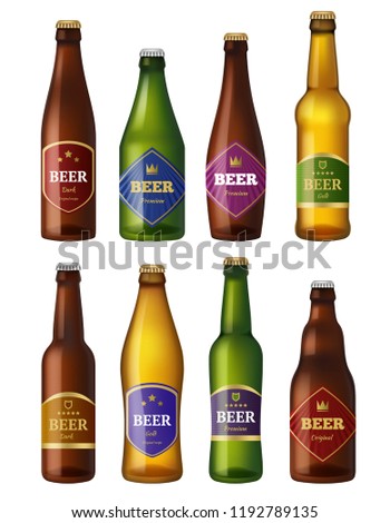 Beer bottles labels. Alcohol cold drinks containers vessels badges design projects. Vector illustrations isolated beer alcohol glass bottle collection