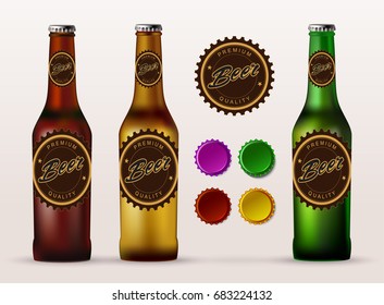 Beer bottles with labels and beer caps of different colors.