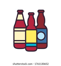 Beer bottles line and fill style icon design, Pub alcohol bar brewery drink ale and lager theme Vector illustration