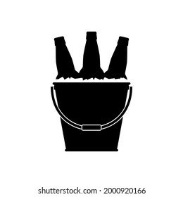 Beer bottles in a metal bucket with ice cubes. Black silhouette on white background. Vector picture and simple icon.