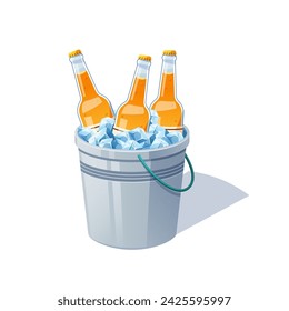 Beer bottles in a metal bucket with ice cubes vector isolated.