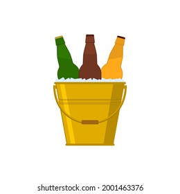 Beer bottles in a metal golden bucket with ice cubes. Vector colored picture and icon on white background.