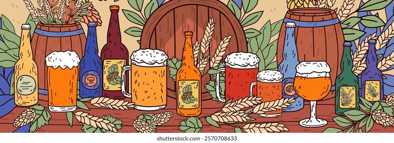 Beer bottles and mugs with hops and barrels rustic craft beer scene with wheat leaves colorful background website banner