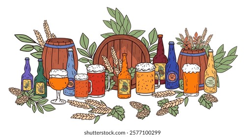 Beer bottles and mugs with hops and wheat wooden barrels and leaves colorful drink scene beverage theme