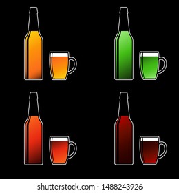 beer in bottles and mugs, a set of vector icons on a black background. different Beers: light, green and dark. pub.