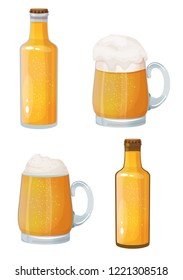 beer in bottles and mugs, vector set