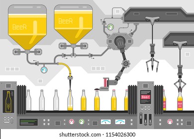 Beer bottles on the conveyor belt. Automatic production conveyor. Robotic industry concept