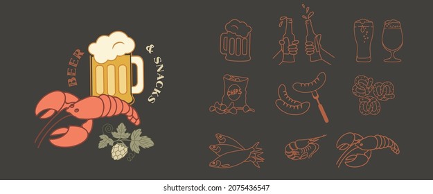Beer bottles on dark background. Crayfish, shrimp, chips, pistachios and fish