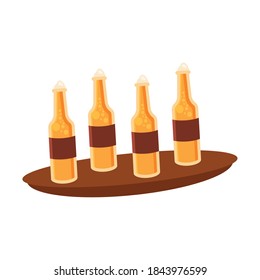 Beer bottles on tray design, Pub alcohol bar brewery drink ale and lager theme Vector illustration