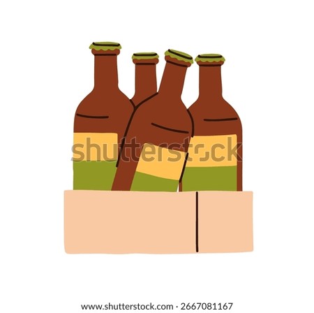 Beer bottles packed in box, case. Cold alcohol drinks in package, crate. Refreshing alcoholic beverages, glass pints, refreshment from brewery. Flat vector illustration isolated on white background